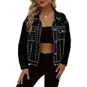 Women's Denim Jacket Embellished Studs Pearls Distressed Classic Fit